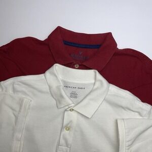 American Eagle Polo Shirt Mens Small White Maroon Red Short Sleeve Preppy Logo‎